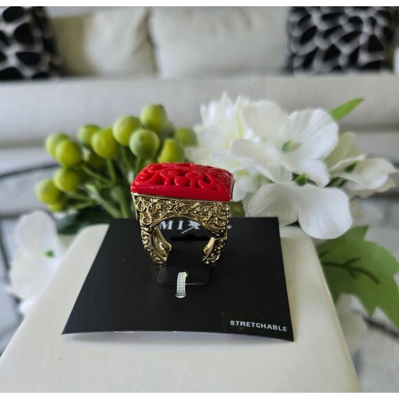 Mixit Gold Red Chunky Stretch Ring New - Picture 1 of 5